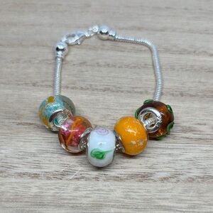 Silver Charm Bracelet with Colorful Glass Beads